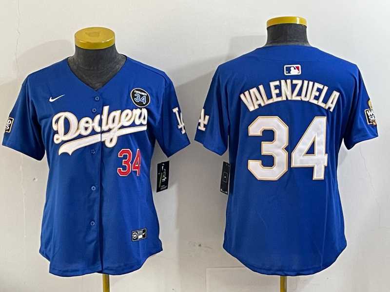 Women%27s Los Angeles Dodgers #34 Toro Valenzuela blue Gold 2024 World Series With Fernando Memorial Patch Limited Stitched Jersey->mlb womens jerseys->MLB Jersey